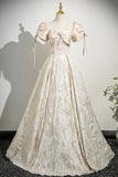 Champagne Satin Printed Long Prom Dress, Lovely A-Line Short Sleeve Party Dress HZ0429
