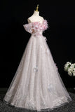 Pink Tulle Sequins Long Prom Dress, Pink Off the Shoulder Party Dress HZ0429