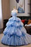 Blue Tulle Flowers Long Prom Dress, Blue Strapless A-line Evening Party Dress HZ0429