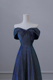 Blue Off the Shoulder Glitter A-Line Long Prom Party Dress HZ0429