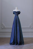 Blue Off the Shoulder Glitter A-Line Long Prom Party Dress HZ0429