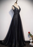 Black V-Neck Tulle Long Prom Dresses, A-Line Evening Dresses HZ0429