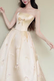 Beautiful Light Yellow Satin Floor Length Prom Dress with Bow, A-Line Strapless Party Dress HZ0429