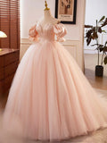 Pink Sweetheart Neck Corset Tulle Prom Dress, A-Line Off the Shoulder Sweet 16 Dress HZ0429