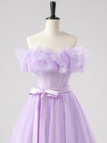Purple Tulle Floor Length Prom Dress, Beautiful Off the Shoulder Party Dress HZ0429