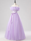 Purple Tulle Floor Length Prom Dress, Beautiful Off the Shoulder Party Dress HZ0429