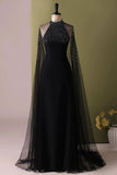 Black Tulle Beads Long Prom dress, Black Halter Evening Dress with Cape HZ0429