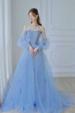 Blue Tulle Long Sleeve Prom Dress, A-Line Off the Shoulder Evening Dress HZ0429