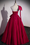 Burgundy Satin Long Prom Dress, One Shoulder Evening Dress with Bow HZ0429