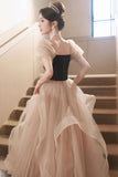 Black and Champagne Sweetheart Tulle Long Party Dress, Lovely A-Line Evening Dress HZ0429