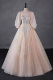 Champagne Tulle Sequins Long Prom Dress, A-Line Long Sleeve Evening Party Dress HZ0429