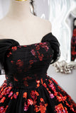 Black Tulle and Red Sequins Long Formal Gown, Off the Shoulder Evening Party Dress HZ0429