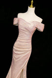 Sparkly Pink Sequined Mermaid Formal Dress Off Shoulder Side Slit HZ0429