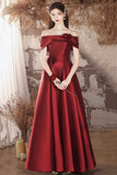 Burgundy Satin Long Prom Dress, Beautiful Off the Shoulder A-Line Evening Party Dress HZ0429
