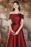 Burgundy Satin Long Prom Dress, Beautiful Off the Shoulder A-Line Evening Party Dress HZ0429