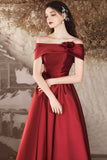 Burgundy Satin Long Prom Dress, Beautiful Off the Shoulder A-Line Evening Party Dress HZ0429
