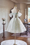 Green Tulle Knee Length A-Line Party Dress, Lovely Off the Shoulder Evening Dress HZ0429