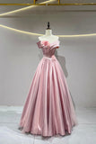 Pink A-Line Satin Floor Length Prom Dress, Beautiful Off the Shoulder Evening Party Dress HZ0429