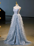 Blue A-Line Strapless Floor Length Prom Dress, Blue Evening Party Dress HZ0429