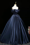 Navy Satin Off-Shoulder Ball Gown with Bow Detail, Elegant A-Line Party Dress HZ0429