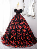 Black Tulle and Red Sequins Long Formal Gown, Off the Shoulder Evening Party Dress HZ0429