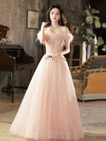 Pink Tulle Lace Long Prom Dress with Feathers, Off Shoulder Pink Evening Dress HZ0429