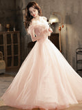 Pink Tulle Lace Long Prom Dress with Feathers, Off Shoulder Pink Evening Dress HZ0429
