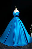 Luxe Satin Off-the-Shoulder Blue Ballgown, Dramatic Ruffled Neckline Formal Evening Gown HZ0429