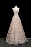 Champagne Tulle Sequins Long Prom Dress, Shiny A-Line Party Dress HZ0429