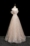 Champagne Tulle Sequins Long Prom Dress, Shiny A-Line Party Dress HZ0429
