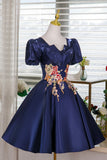 Navy Satin Lace Short Prom Dress, A-Line Short Sleeve Party Dress HZ0429