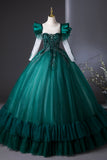 Green Tulle Beads Long Prom Dress, A-Line Long Sleeve Formal Party Dress HZ0429
