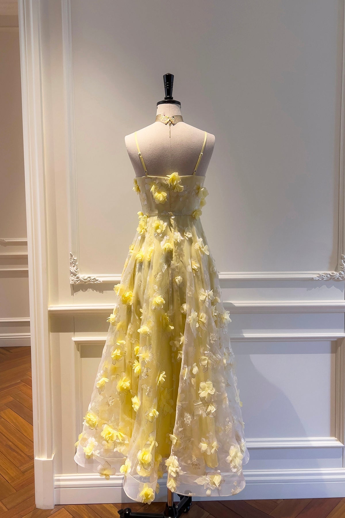 Yellow Tulle Flowers Tea Length Prom Dress, Lovely A-Line Party Dress HZ0429