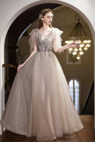 Champagne Glitter Tulle Ball Gown V-neck Sheer Sleeve Formal Evening Dress HZ0429