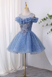 Blue Lace Off-the-Shoulder Homecoming Dress, A-Line Sparkly Tulle Party Dress HZ0429
