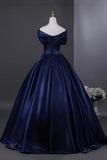 Elegant Navy Satin Beads Long Prom Dress, Off the Shoulder Evening Party Dress HZ0429