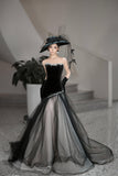 Black Velvet Tulle Evening Gown with Beaded Strapless Bodice ¨C Vintage Inspired Formal Dress HZ0429