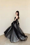 Black Velvet Tulle Evening Gown with Beaded Strapless Bodice ¨C Vintage Inspired Formal Dress HZ0429