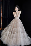 Champagne Tulle Strapless Ball Gown Tiered Ruffle Evening Dress HZ0429