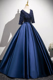 Navy Satin Sequins Long Prom Dress, Elegant V-Neck Evening Party Dress HZ0429