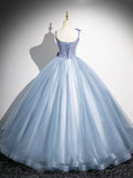 Blue Tulle Lace Floor Length Formal Dress, A-Line Spaghetti Strap Backless Evening Party Dress HZ0429