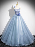 Blue Tulle Lace Floor Length Formal Dress, A-Line Spaghetti Strap Backless Evening Party Dress HZ0429