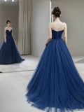 Blue Strapless Tulle Long Prom Dress, Beautiful A-Line Evening Party Dress HZ0429