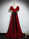 Burgundy V-Neck Sequins Long Prom Dress, A-Line Evening Party Dress with Bow HZ0429
