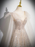 Champagne Tulle Sequins Long Prom Dress, Sparkling A-Line Evening Party Dress HZ0429
