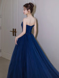 Blue Strapless Tulle Long Prom Dress, Beautiful A-Line Evening Party Dress HZ0429