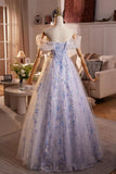 Blue Flower Fairy Tulle Long Prom Dress, Beautiful Off the Shoulder Party Dress HZ0429