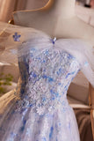 Blue Flower Fairy Tulle Long Prom Dress, Beautiful Off the Shoulder Party Dress HZ0429