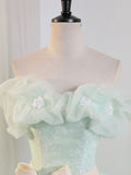 Beautiful Sage Green Tulle Floor Length Prom Dresses, A-Line Off the Shoulder Evening Part Dresses HZ0429
