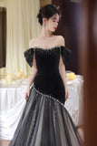 Black Velvet Off Shoulder Mermaid Evening Gown Beaded Tulle Train Formal Dress HZ0429